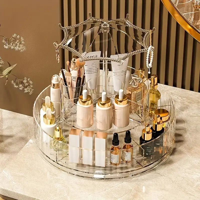 Umbrella Makeup Organizer, Transparent 360 Rotating Cosmetic Storage Box, Large Cosmetic Display Case for Vanity, Spinning Cosmetic Storage Holder Rack, Double Layered Beauty Storage Rack, 2 Level Multipurpose Cosmetic Jewellery Case Umbrella Makeup Organizer, Transparent 360 Rotating Cosmetic Storage Box, Large Cosmetic Display Case for Vanity, Spinning Cosmetic Storage Holder Rack, Double Layered Beauty Storage Rack, 2 Level Multipurpose Cosmetic Jewellery Case